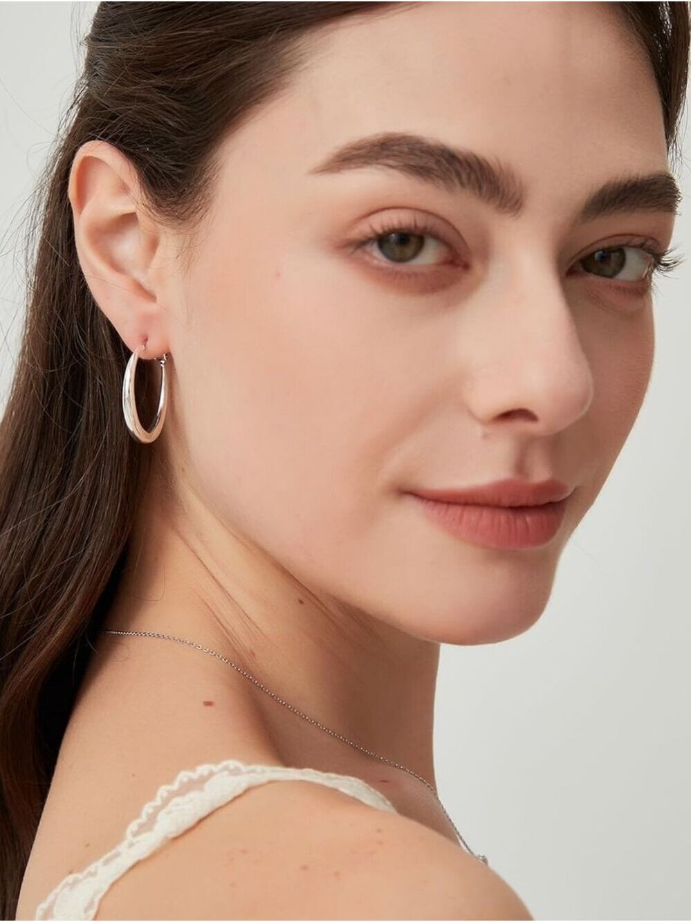 18K Gold & 925 Sterling Silver Plated Flat Tube Large Silver Hoop Earrings - Picture 4 of 4